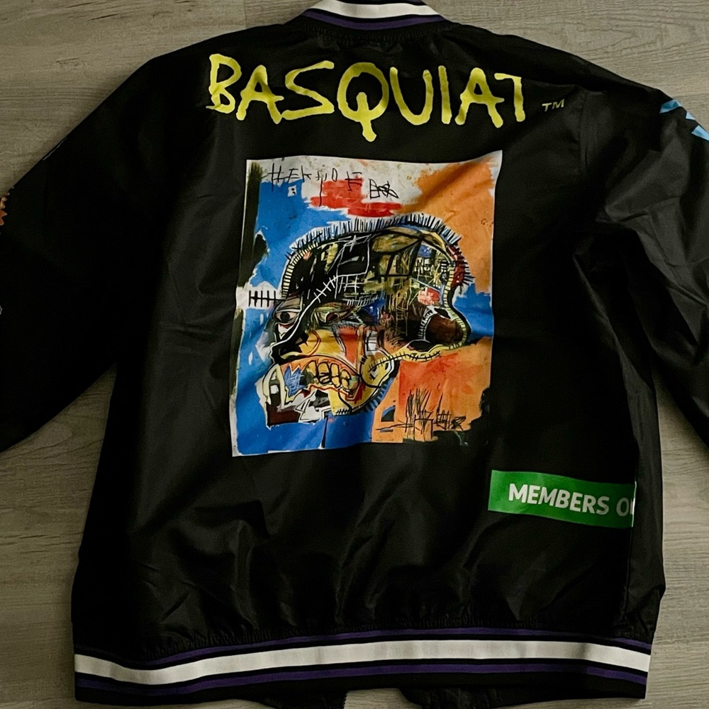 Members Only Black Basquiat Graphic Bomber Jacket with Multicolor Artwork
